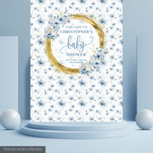 Söt pastel blåa blommor guld babyduschbanderoll