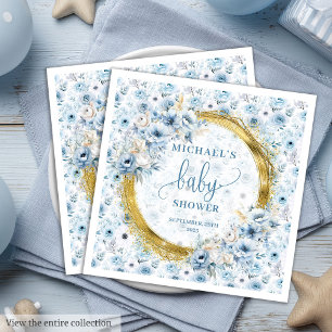 Söt pastel blåa blommor guld babyduschnapkin pappersservett