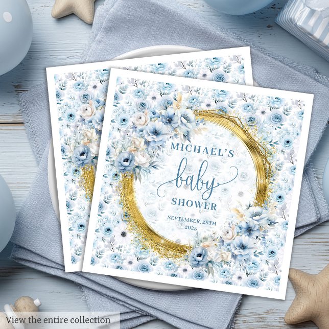Söt pastel blåa blommor guld babyduschnapkin pappersservett (Pretty pastel blue flowers gold baby shower napkins)