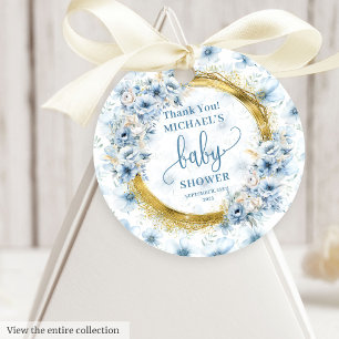 Söt pastel blåa blommor med guld babydusch gåvor etiketter