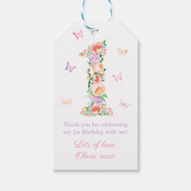 Söt Pastel Blommigt Butterfly 1:a födelsedagen Par Presentetikett (Framsidan)