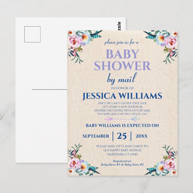 Söt Pastel Boho Blommigt Baby Shower by Mail Vykort (Fram/baksida)