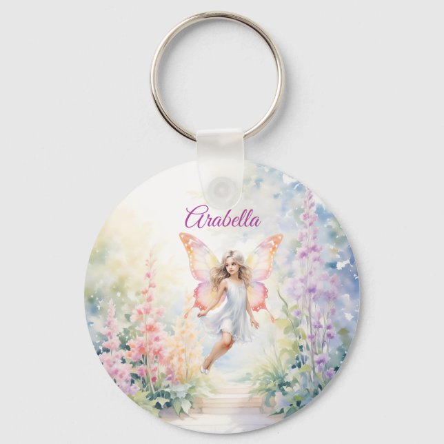 Söt Pastel Butterfly Fairy in Blomsterträdgård Nyckelring (Framsida)