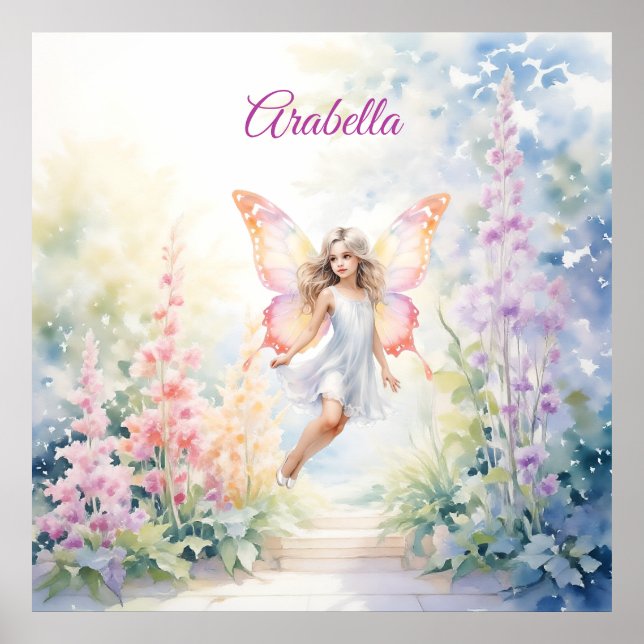 Söt Pastel Butterfly Fairy in Blomsterträdgård Poster (Framsidan)