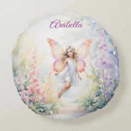 Söt Pastel Butterfly Fairy in Blomsterträdgård Rund Kudde