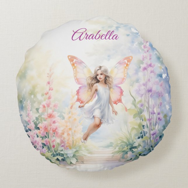 Söt Pastel Butterfly Fairy in Blomsterträdgård Rund Kudde (Baksidan)
