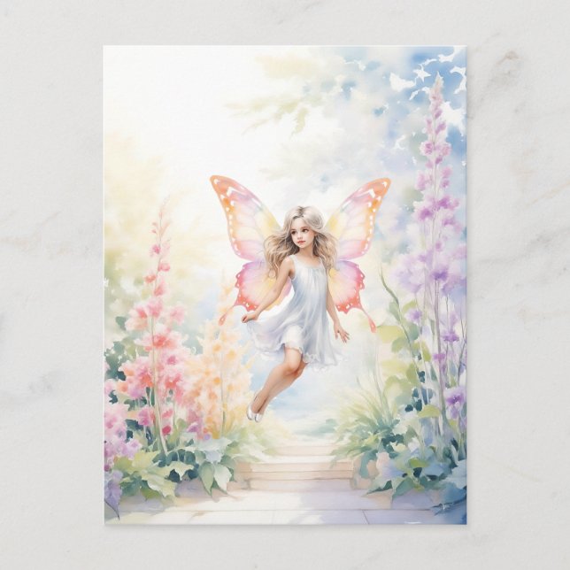 Söt Pastel Butterfly Fairy in Blomsterträdgård Vykort (Framsida)