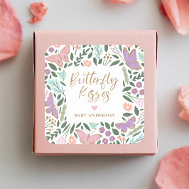Söt Pastel Butterfly Kisses Baby Shower Fyrkantigt Klistermärke