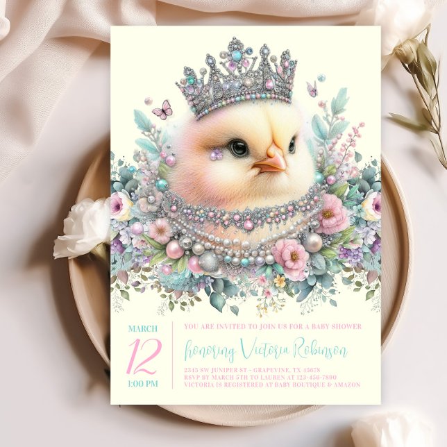 Söt Pastel Chick Baby Shower Inbjudningar (Beautiful chick with jewels and crown on a pretty floral background. )