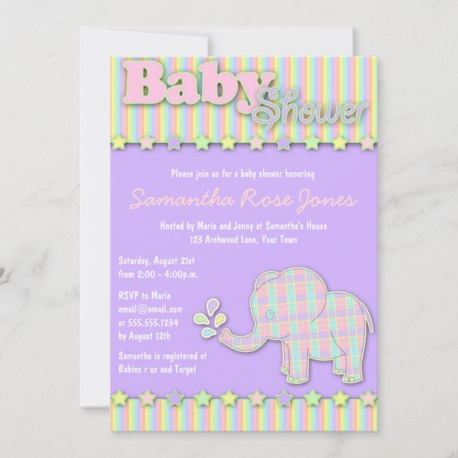 Söt Pastel Elephant Baby Shower Inbjudningar (Framsida)
