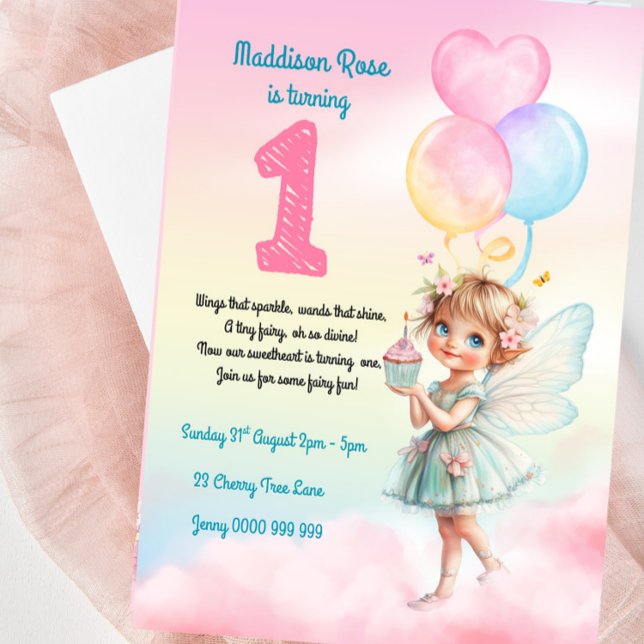 Söt Pastel Fairy 1:a födelsedagsinbjudan Inbjudningar (Fairy First Birthday Girl Invitation)