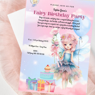 Söt Pastel Fairy Födelsedagsfest inbjudan