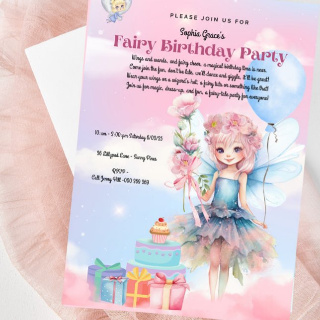 Söt Pastel Fairy Födelsedagsfest inbjudan (Gorgeous Pink & Blue Fairy Birthday Party Invitation - Fully Customizable)