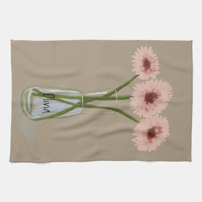 Söt Pastel Gerbera Flower +eget namn Kökshandduk (Horisontell)