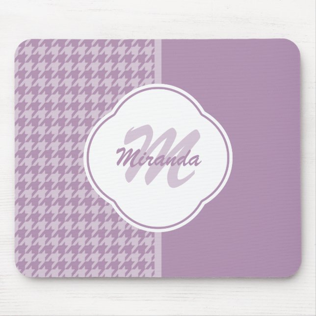 Söt Pastel Lila Houndstooth Monogram och Namn Musmatta (Framsidan)