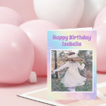 Söt Pastel Rainbow Anpassningsbar Birthday Girl Ph Kort<br><div class="desc">Fira din lilla flicka med den här söt gnistran för regnbågsfoto som innehåller vackert lila brev och ditt barns anpassningsbar fotografi. Lägg till ett foto till barnen om du vill ha ett personligt tryck på det här söta,  visuella tillskottet till party.</div>