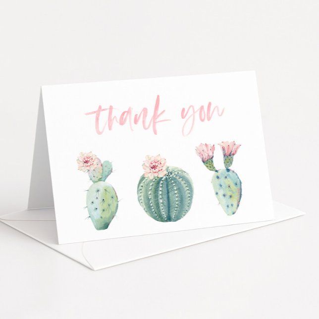 Söt Pastel Rosa Cactus Baby Shower-mappning Tack Kort (Watercolor pink cactus thank you cards)