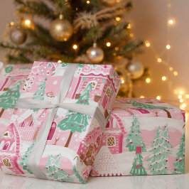 Söt Pastel Rosa Gingerbröd Village Jul Presentpapper