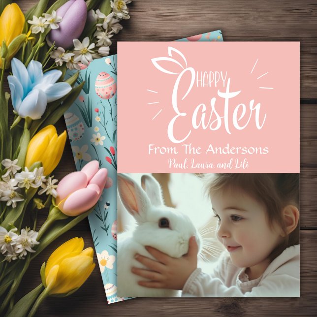 Söt Pastel Rosa Glad påsk Anpassningsbar Photo Julkort (Pretty Pastel Pink Happy Easter Custom Photo Holiday Card)
