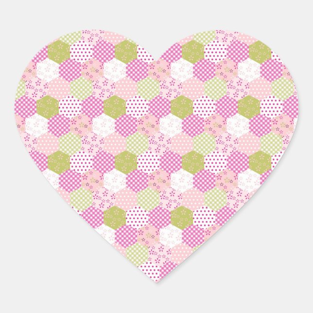 Söt Pastel Rosa Grönt Patchwork Quilt Design Hjärtformat Klistermärke (Framsida)
