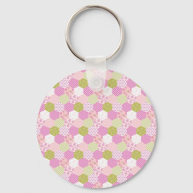 Söt Pastel Rosa Grönt Patchwork Quilt Design Nyckelring (Framsida)