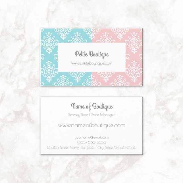 Söt Pastel Rosa och Blue Damask Boutique Visitkort (Sweet Pastel Pink and Blue Damask Boutique Business Cards)