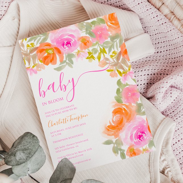 Söt pastel rosa orange  Bloom blommigt babydusch Inbjudningar (Pretty pastel pink orange bloom floral baby shower invitation)