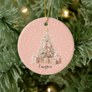 Söt Pastel Rosa Snowflake & Julgran Julgransprydnad Keramik