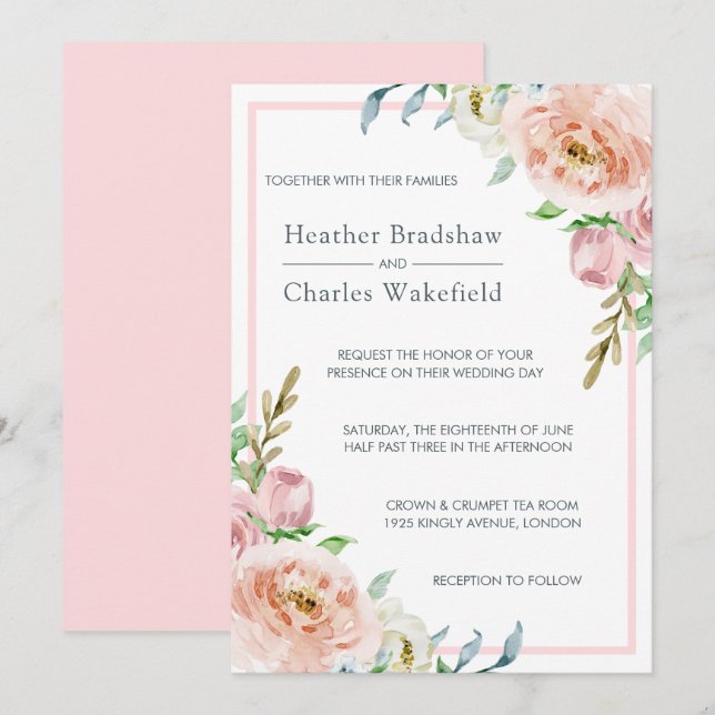 Söt Pastel Rosa Watercolor Blommigt Bröllop Inbjudningar (Fram/baksida)