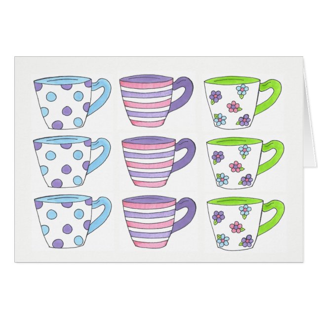Söt Pastel Tekopp Tea Party Polka Dot Flower Hälsningskort (Framsidan Horizontal)