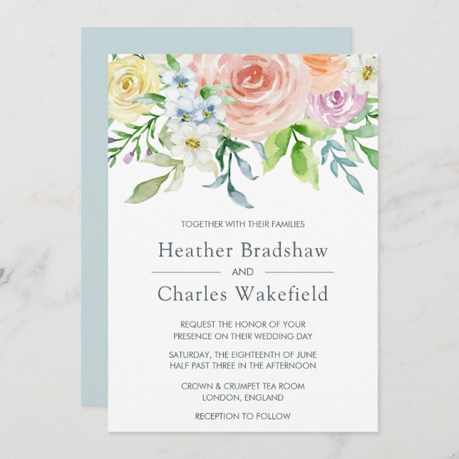 Söt Pastel Watercolor Blommigt Bröllop Inbjudningar (Fram/baksida)