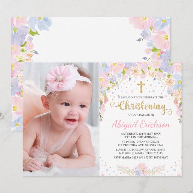 Söt Pastel Watercolor Blommigt Girl Christening Inbjudningar (Fram/baksida)