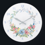 Söt Pastel Watercolor Blommigt Wandeand Stor Klocka<br><div class="desc">Fintvätt av lövliknande vattenfärg med spray av pastellernas rosa,  blått och gula blommor. Bakgrund färg och siffror kan redigeras.</div>