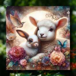 Söt Pastel Watercolor Lamb Bunny Flowers Julkort