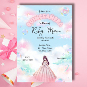 Söt Pastell Anime Flickas Quinceanera Inbjudan