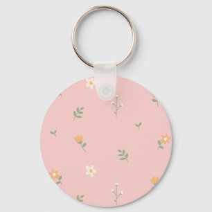 Söt Pastell Blommönster på Rosa Bakgrund Nyckelring