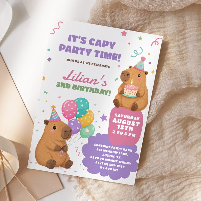 Söt Pastell Capybara Födelsedagsfest Inbjudningar (Skapare uppladdad)