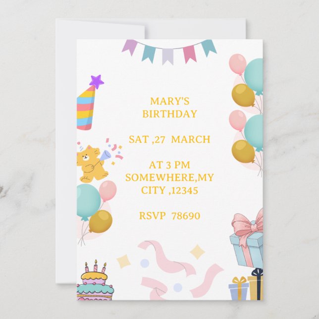 Söt Pastell Födelsedagsinbjudan Kort för Barn (Framsida)