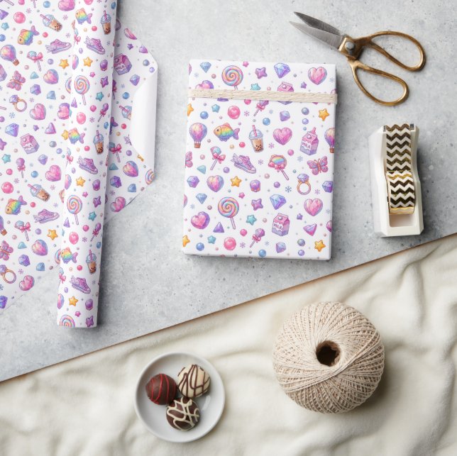 Söt Pastell Kawaii Sömlös Mönster – Gnistrande Presentpapper (Hantverk)