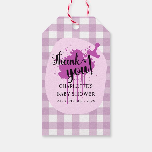 Söt Pastell Lila Gingham Bebis Shower Presentetikett (Baksidan)