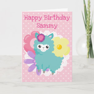 Söt Pastell Llama Blommig Barnkalas Kort