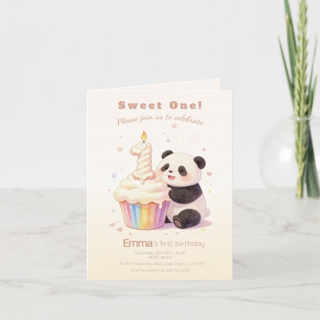 Söt Pastell Panda Bebis 1-årsdag Inbjudan (Framsida)