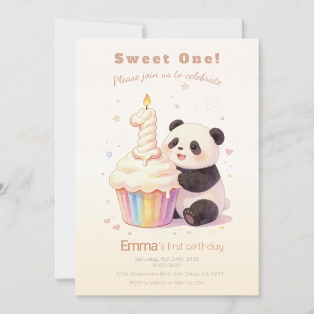 Söt Pastell Panda Bebis 1-årsdag Inbjudningar (Framsida)