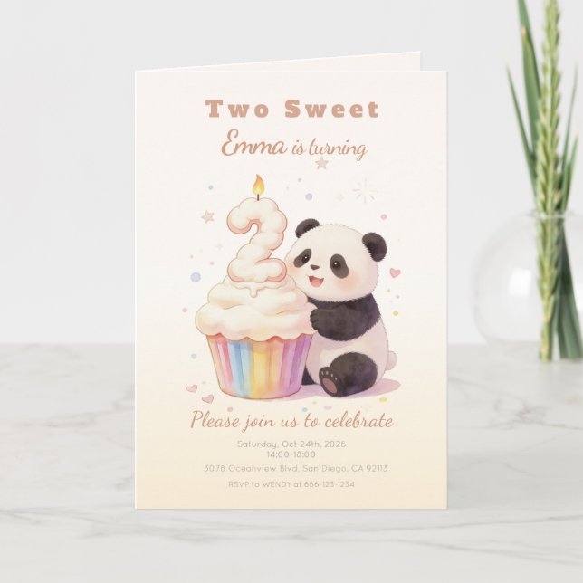 Söt Pastell Panda Bebis 2-årsdag Inbjudan (Framsida)