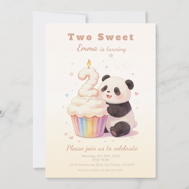 Söt Pastell Panda Bebis 2-årsdag Inbjudningar (Framsida)