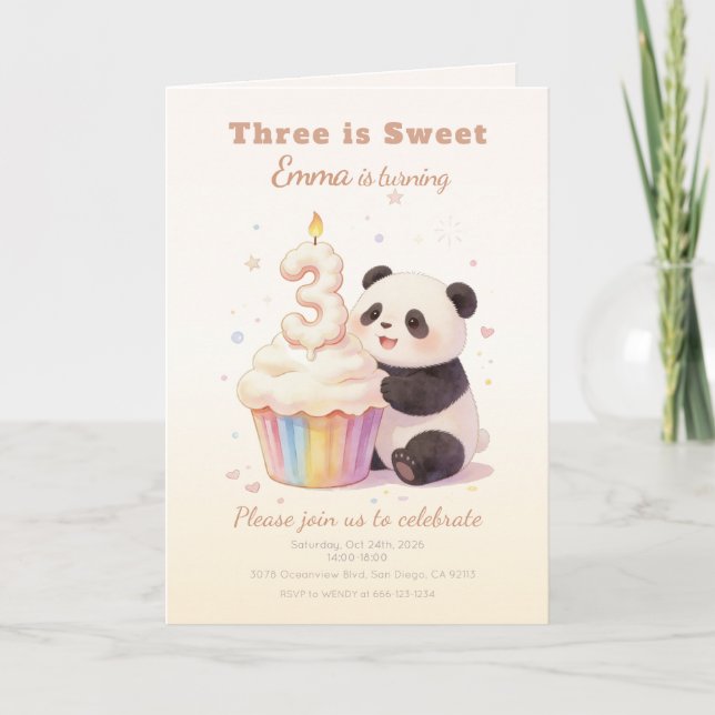 Söt Pastell Panda Bebis 3-årsdag Inbjudan (Framsida)