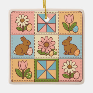 Söt Pastell Påskharen Blomma Patchwork Julgransprydnad Keramik