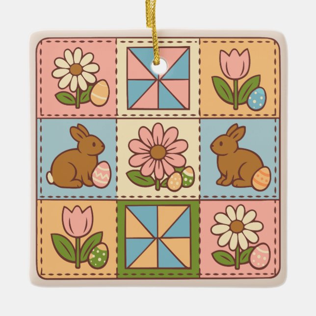 Söt Pastell Påskharen Blomma Patchwork  Julgransprydnad Keramik (Framsida)