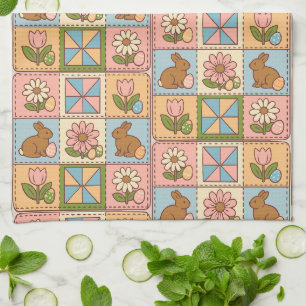 Söt Pastell Påskharen Blomma Patchwork Kökshandduk