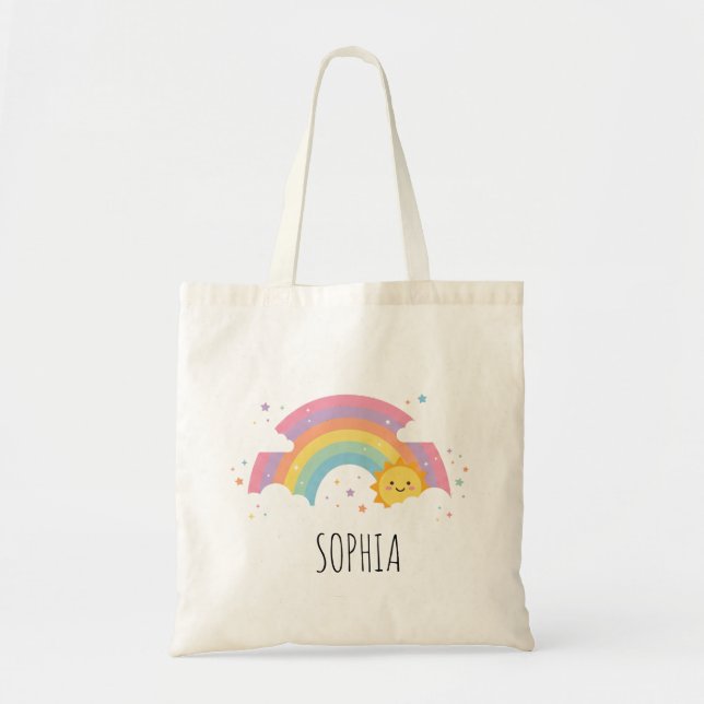 Söt Pastell Regnbåge Moln Namn Barns Totebag Tygkasse (Framsidan)